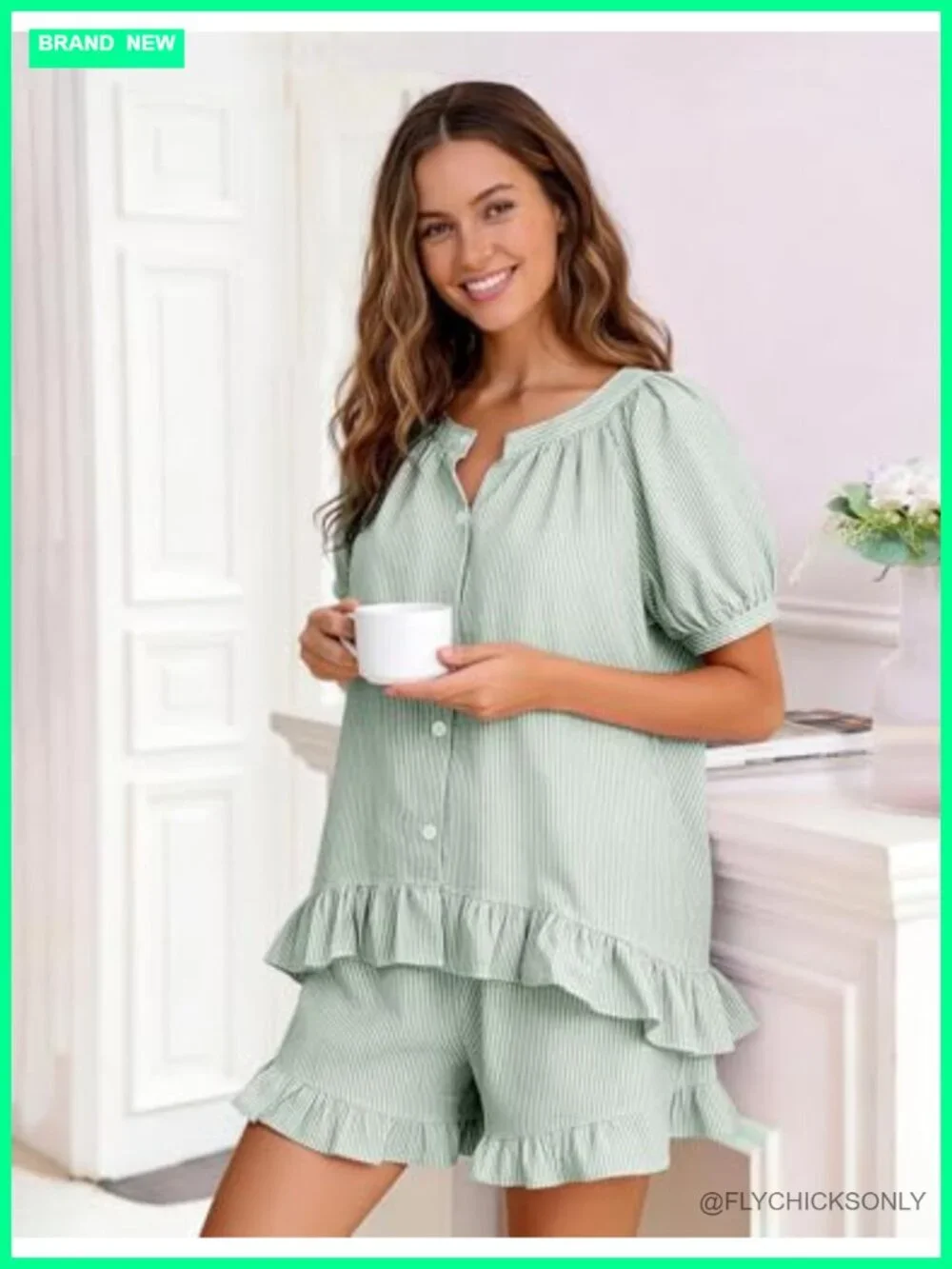 2 Piece Cotton Striped Pajama Set with Puff Sleeves Babydoll Top and Shorts